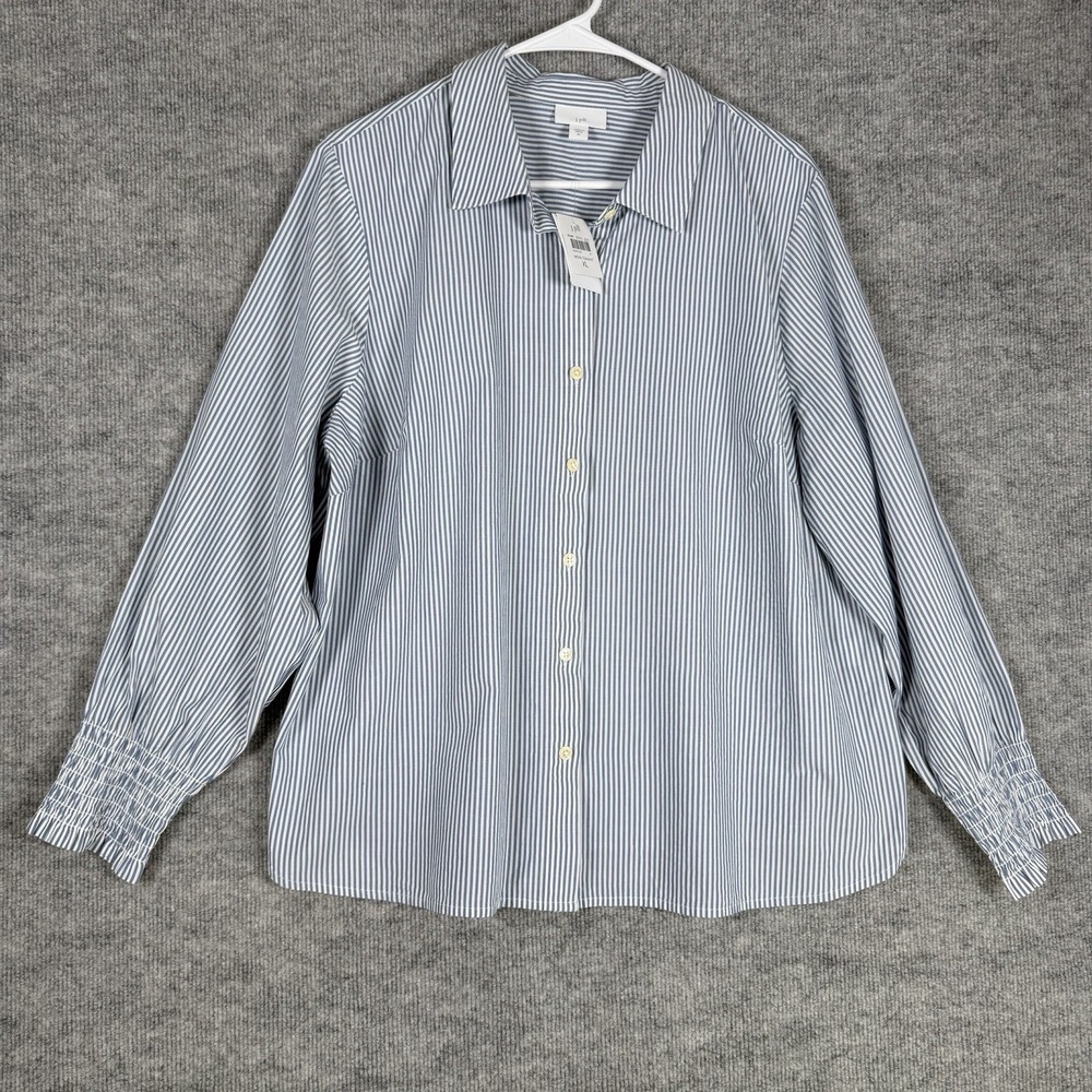 J. Jill Size-XL Womens Blouse‎ Blue Stripe Smocked Long Sleeve Button Front